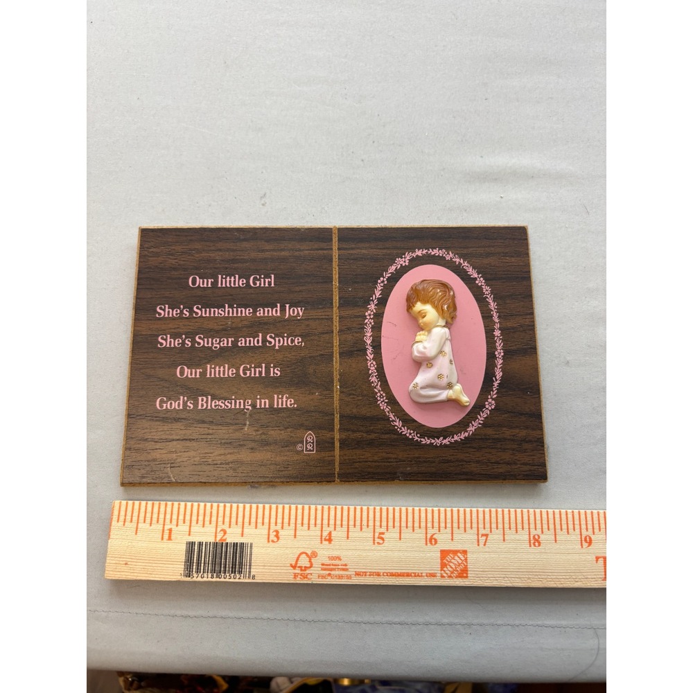 Vintage Religious Our Little Girl Wall Plaque Praying Girl 3D Relief Faux Wood